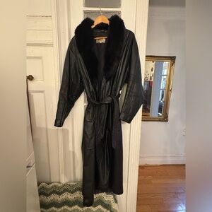 Black Leather Coat with Fur Collar